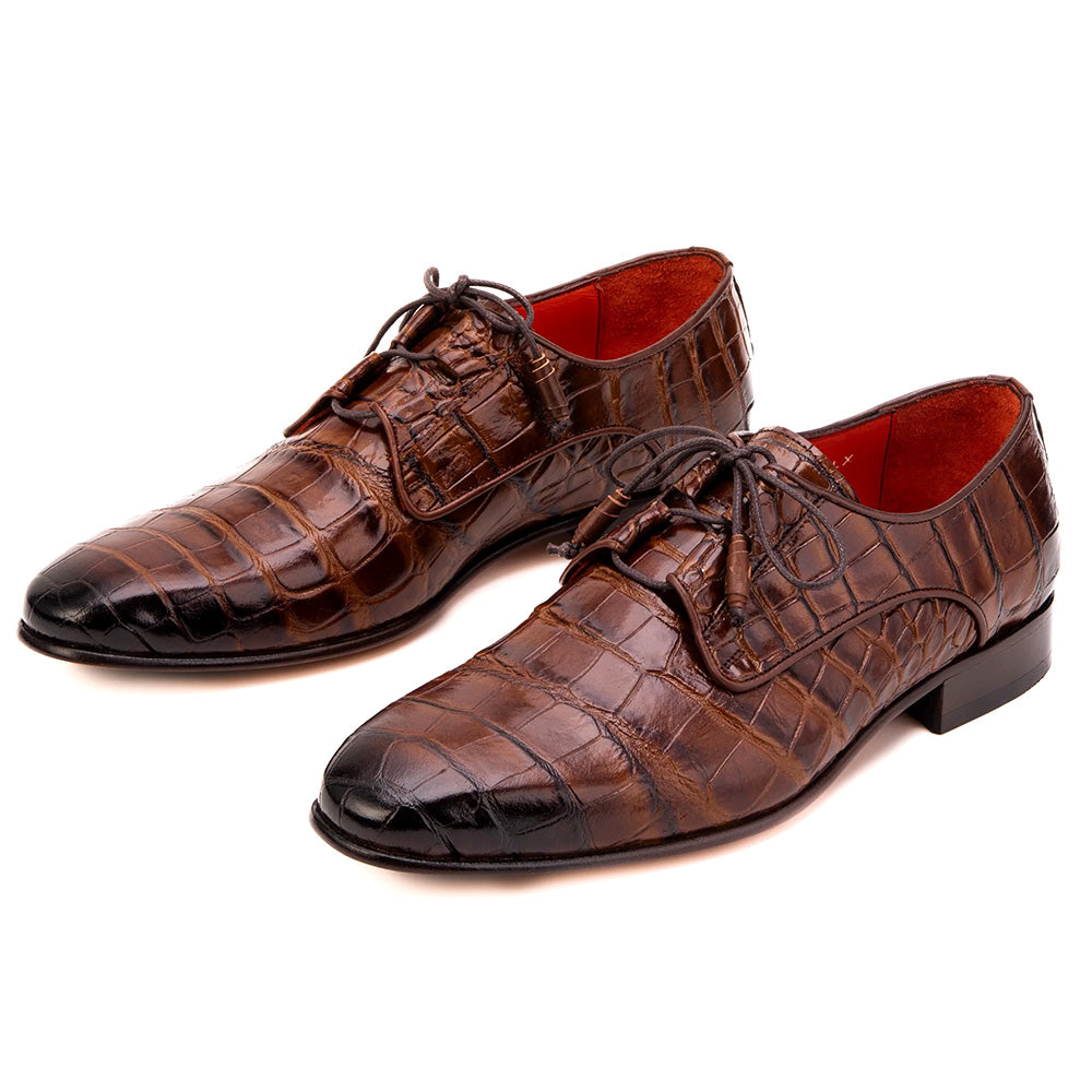 Vinci Leather The Roventino Croc-Embossed Leather Derby Cognac
