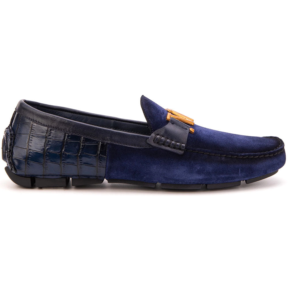 Vinci Leather The Lucento Suede & Printed Crocodile Driver Loafer Navy