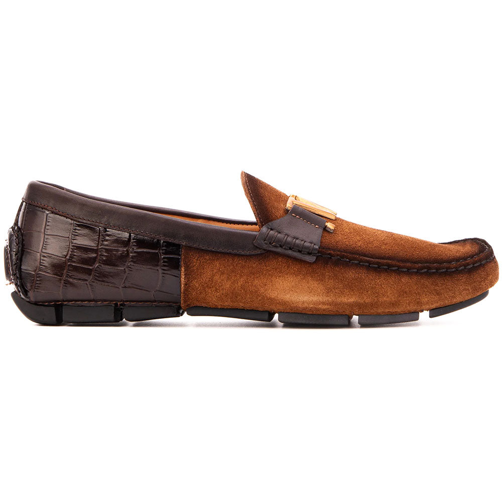 Vinci Leather The Lucento Suede & Printed Crocodile Driver Loafer Tan