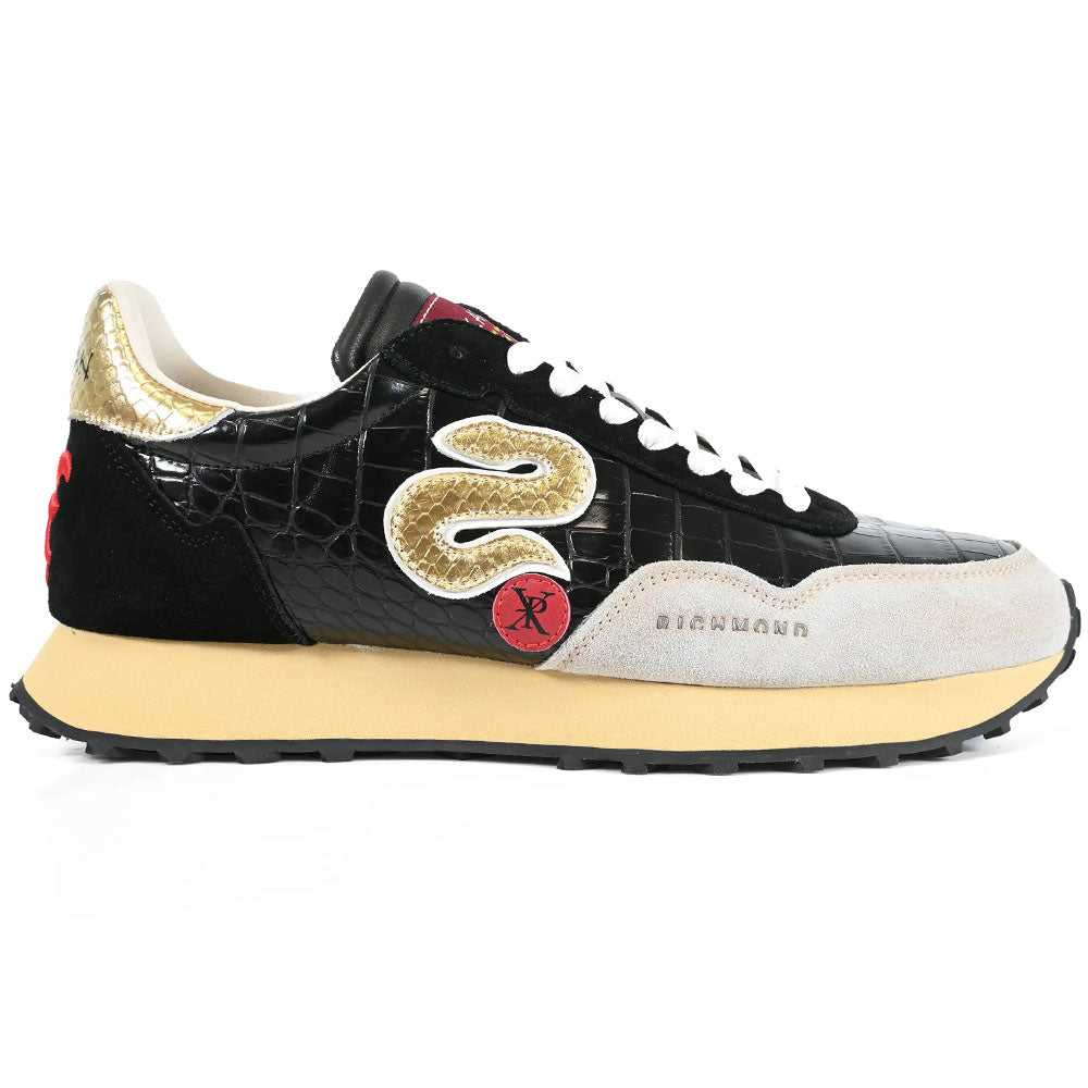 John Richmond Suede & Crocodile Embossed Sneaker Black / Gold / Red