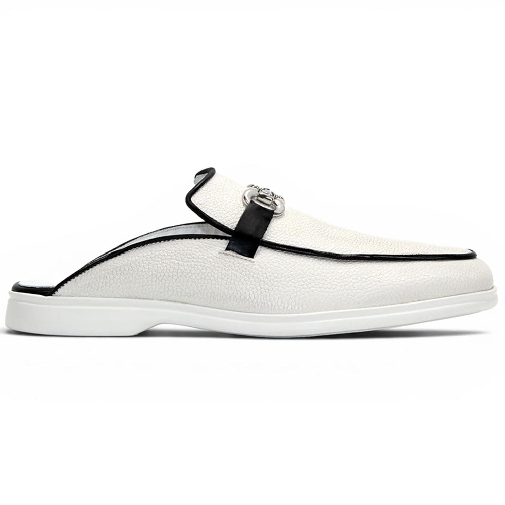 Duca by Matiste SA493 Embossed Pebble Grain Leather Bit Mule White / Black
