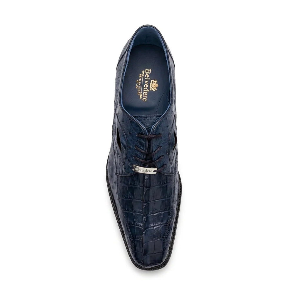 Belvedere Aldo Genuine Caiman Crocodile & Ostrich Quill Derby Navy