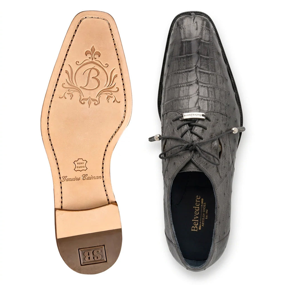 Belvedere Aldo Genuine Caiman Crocodile & Ostrich Quill Derby Grey