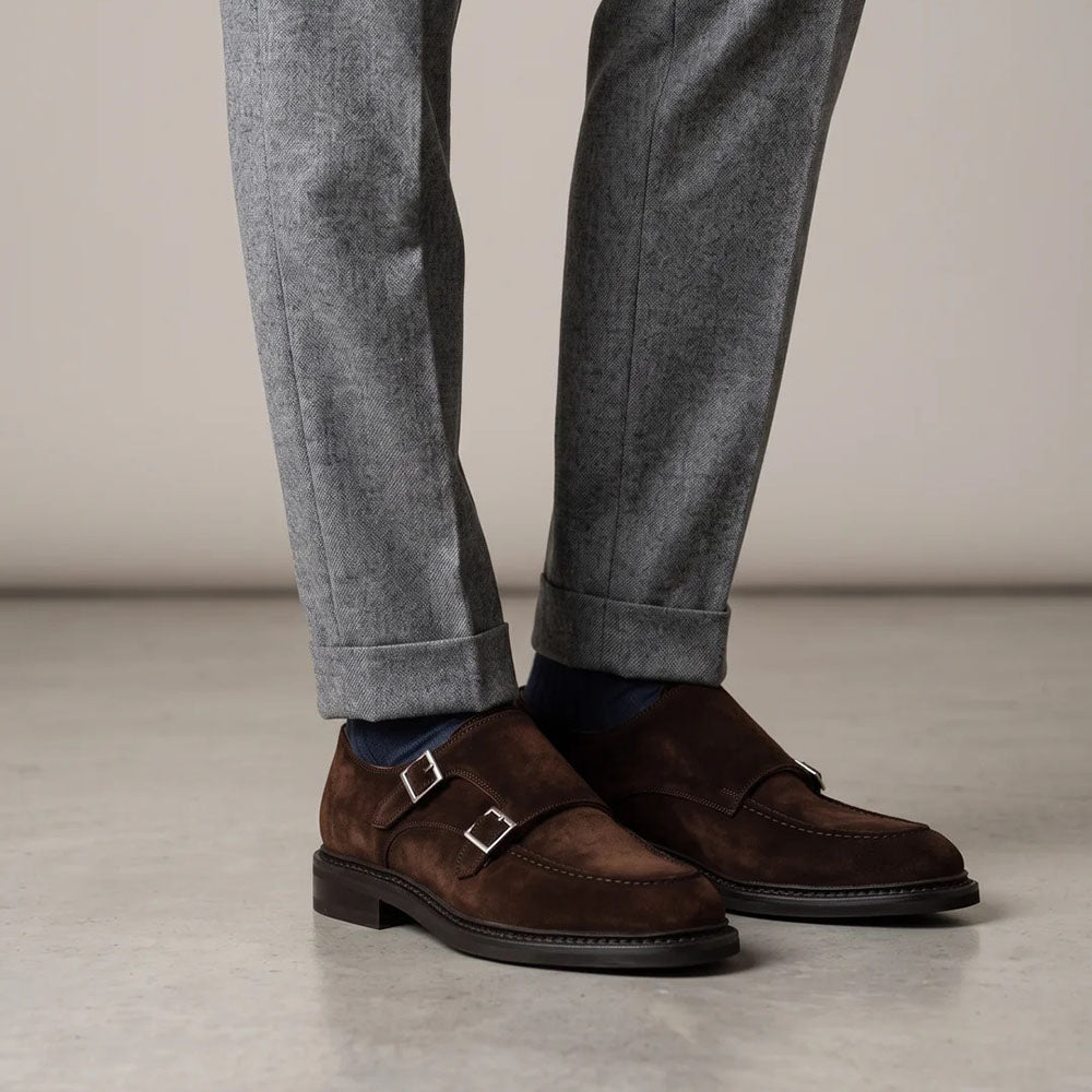 Harris Firenze 1913 Goya Suede Double Cap Toe Monk Strap Brown