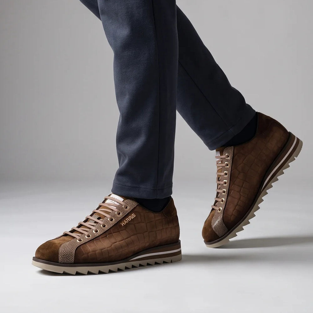 Harris Firenze 1913 Crocodile Effect Suede Sneaker Tobacco