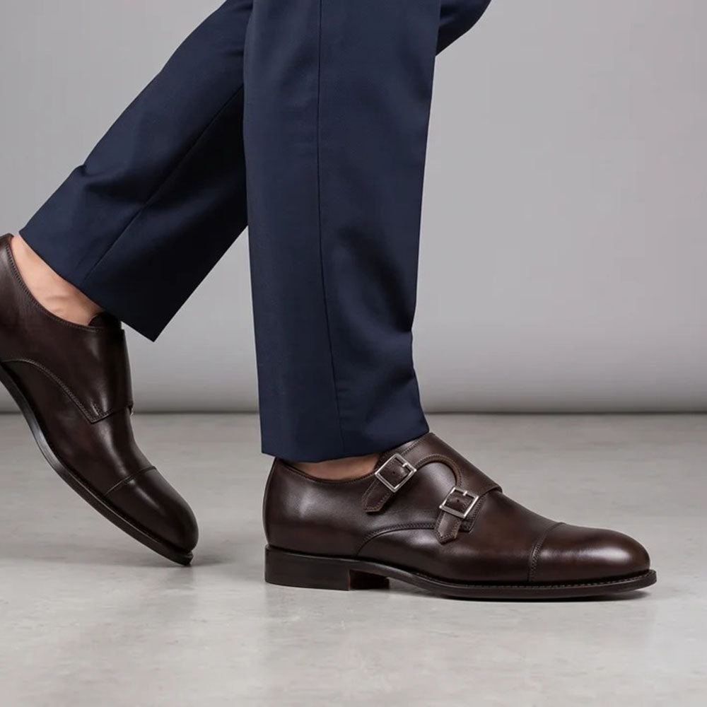 Harris Firenze 1913 Leather Double Cap Toe Monk Strap Dark Brown