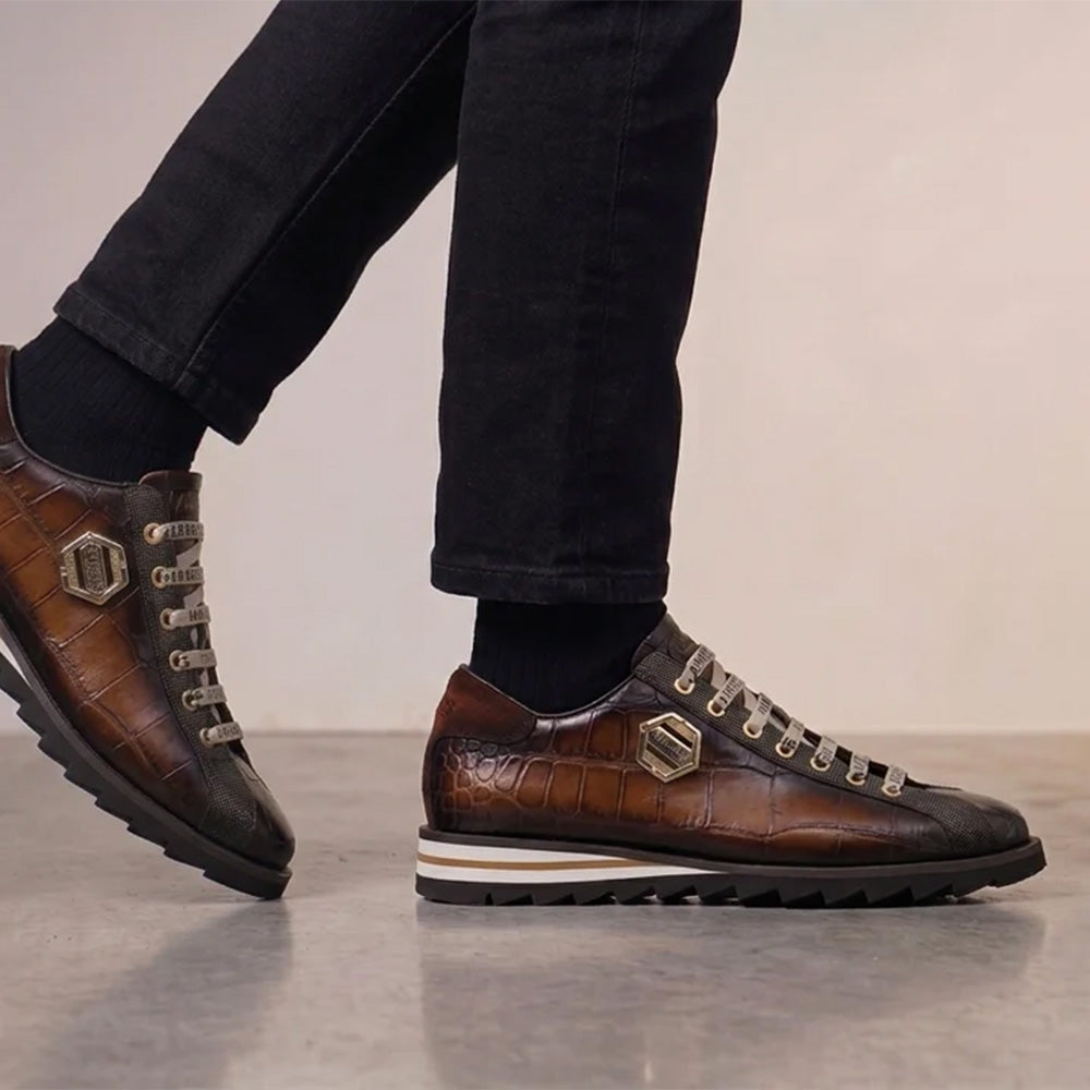 Harris Firenze 1913 Hand-Painted Crocodile Printed Leather Sneakers Brown