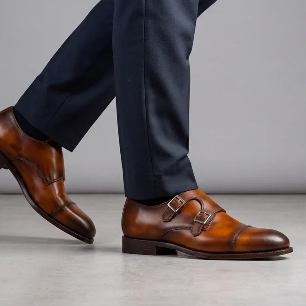 Harris Firenze 1913 Leather Double Cap Toe Monk Strap Brown