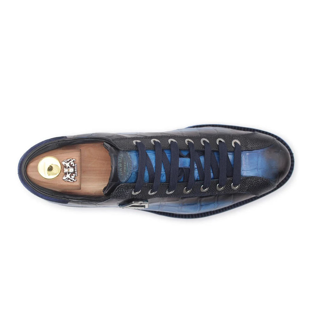 Harris Firenze 1913 Hand-Painted Crocodile Print Leather Sneakers Blue