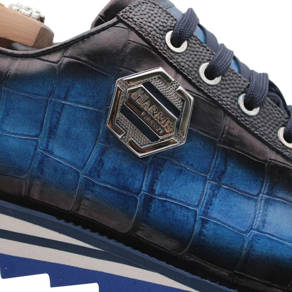 Harris Firenze 1913 Hand-Painted Crocodile Print Leather Sneakers Blue