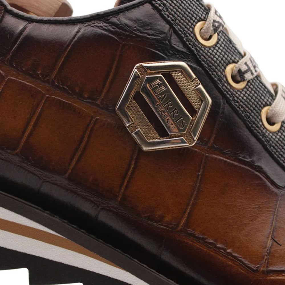 Harris Firenze 1913 Hand-Painted Crocodile Printed Leather Sneakers Brown