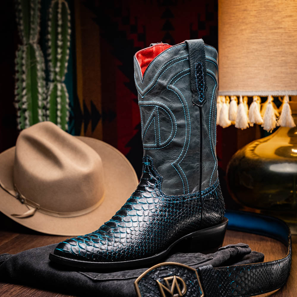 Marco Di Milano Kansas Python Round Toe Cowboy Boot Black / Blue
