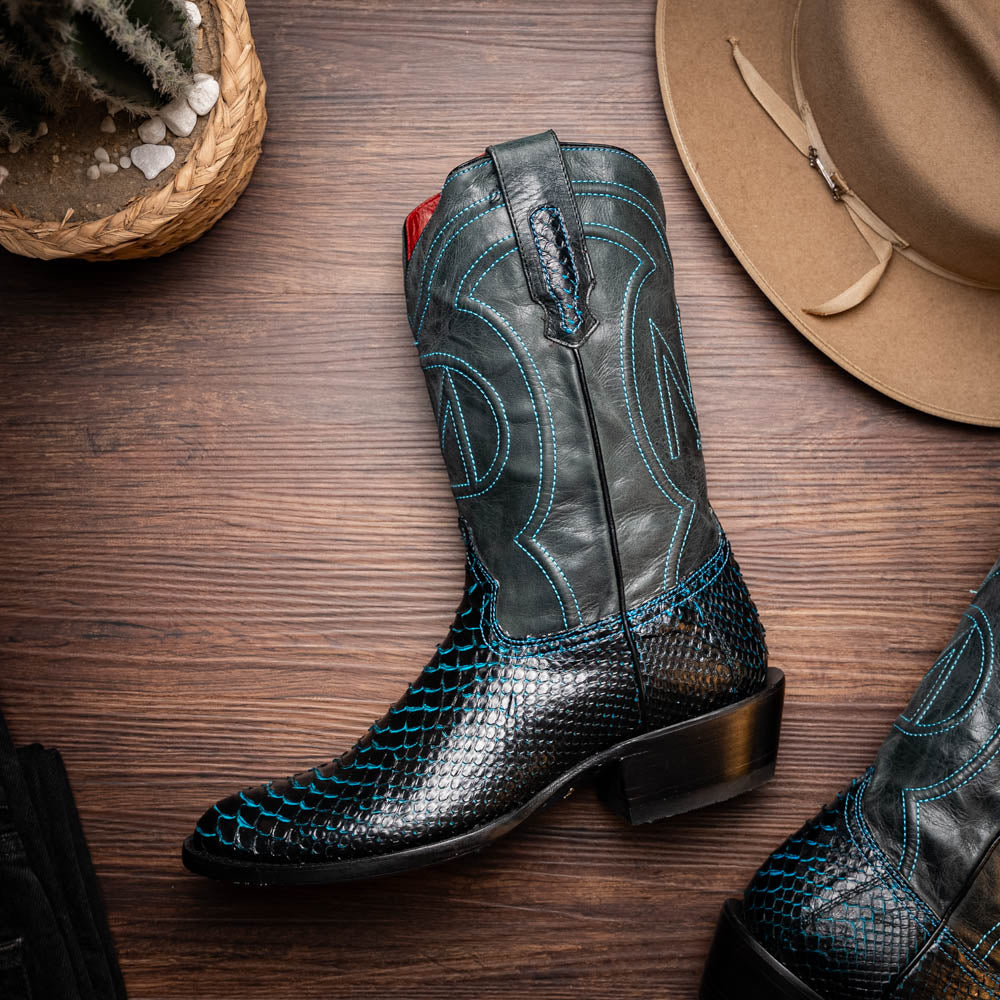 Marco Di Milano Kansas Python Round Toe Cowboy Boot Black / Blue