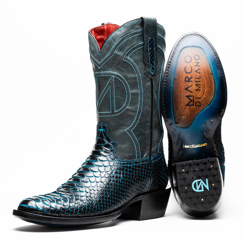 Marco Di Milano Kansas Python Round Toe Cowboy Boot Black / Blue