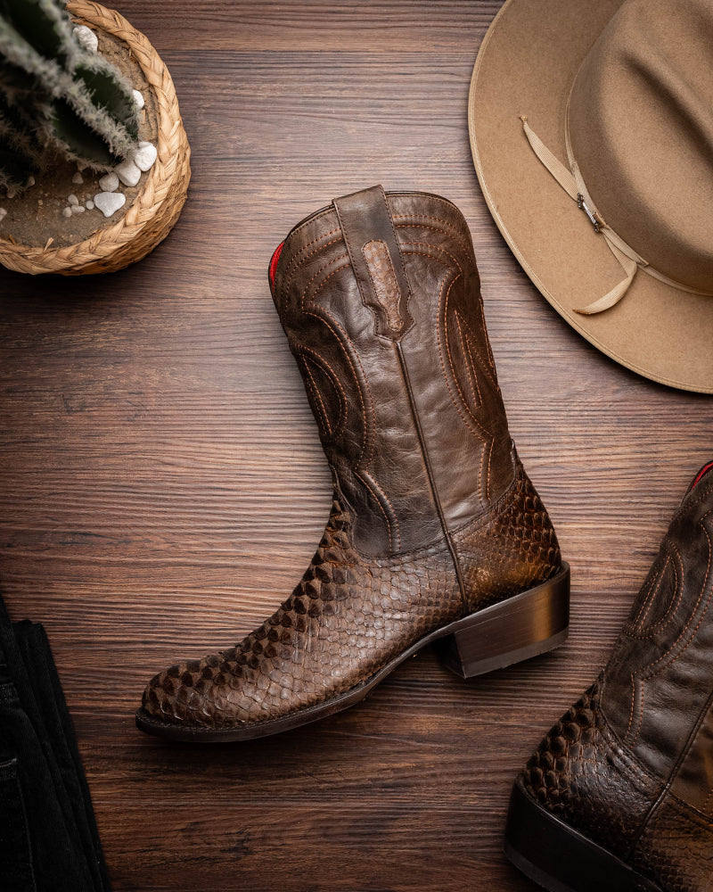 Marco Di Milano Kansas Python Round Toe Cowboy Boot Brown