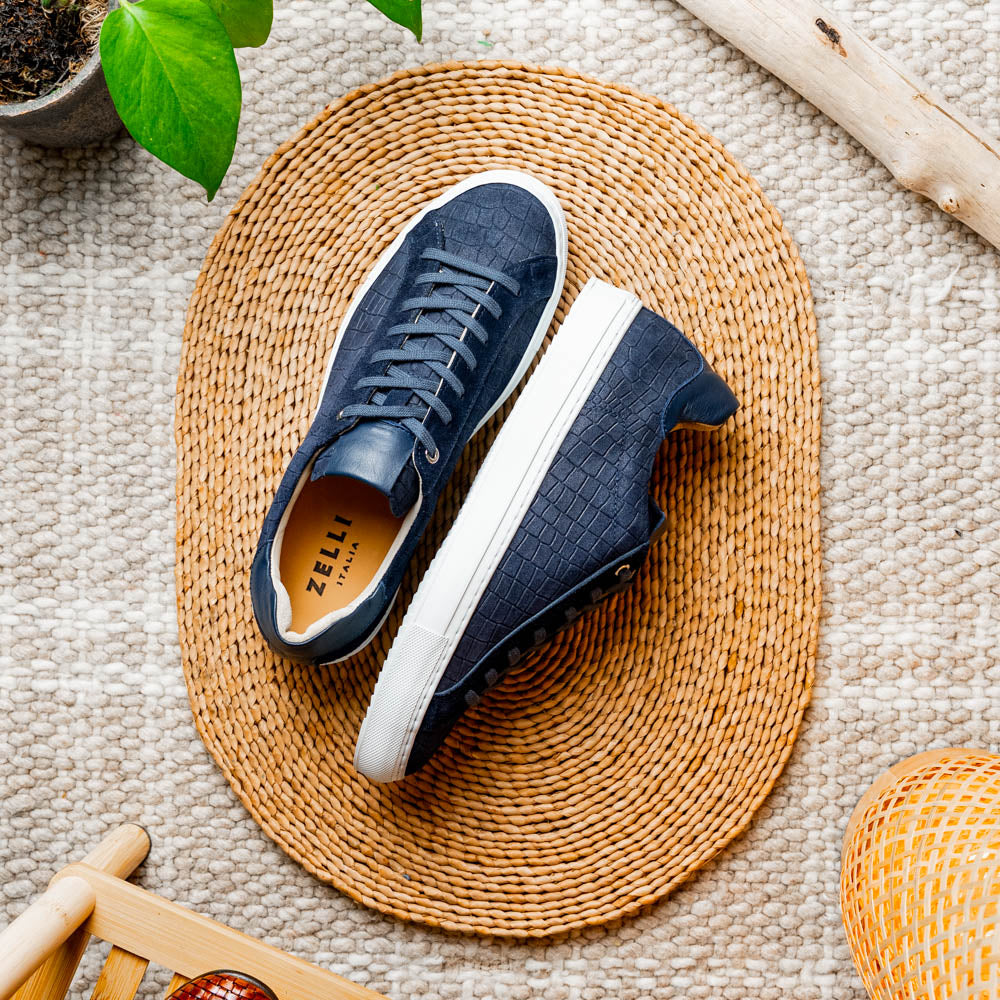 Zelli Kobe Crocodile Embossed Suede Sneaker Navy