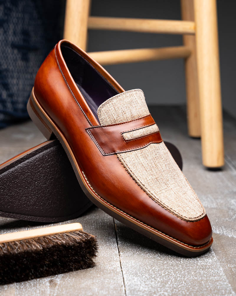 Zelli Lago Italian Calfskin & Linen Penny Loafers Cognac