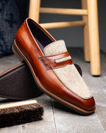 Zelli Lago Italian Calfskin & Linen Penny Loafers Cognac (15-733-CGN)
