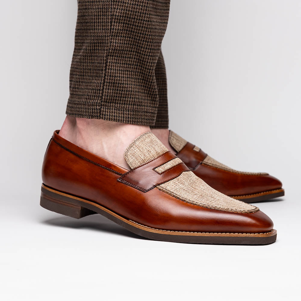 Zelli Lago Italian Calfskin & Linen Penny Loafers Cognac (15-733-CGN)