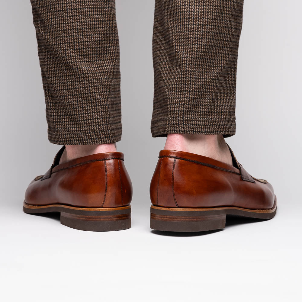 Zelli Lago Italian Calfskin & Linen Penny Loafers Cognac