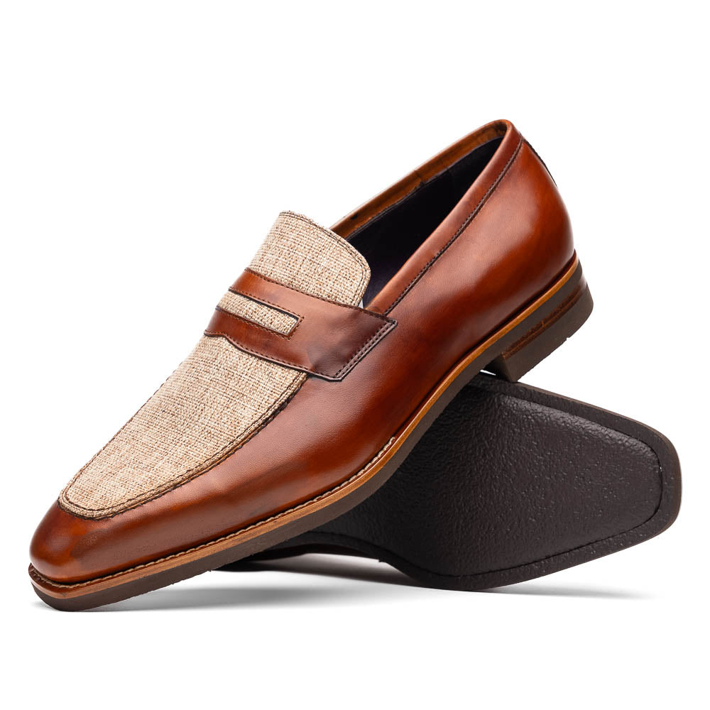 Zelli Lago Italian Calfskin & Linen Penny Loafers Cognac
