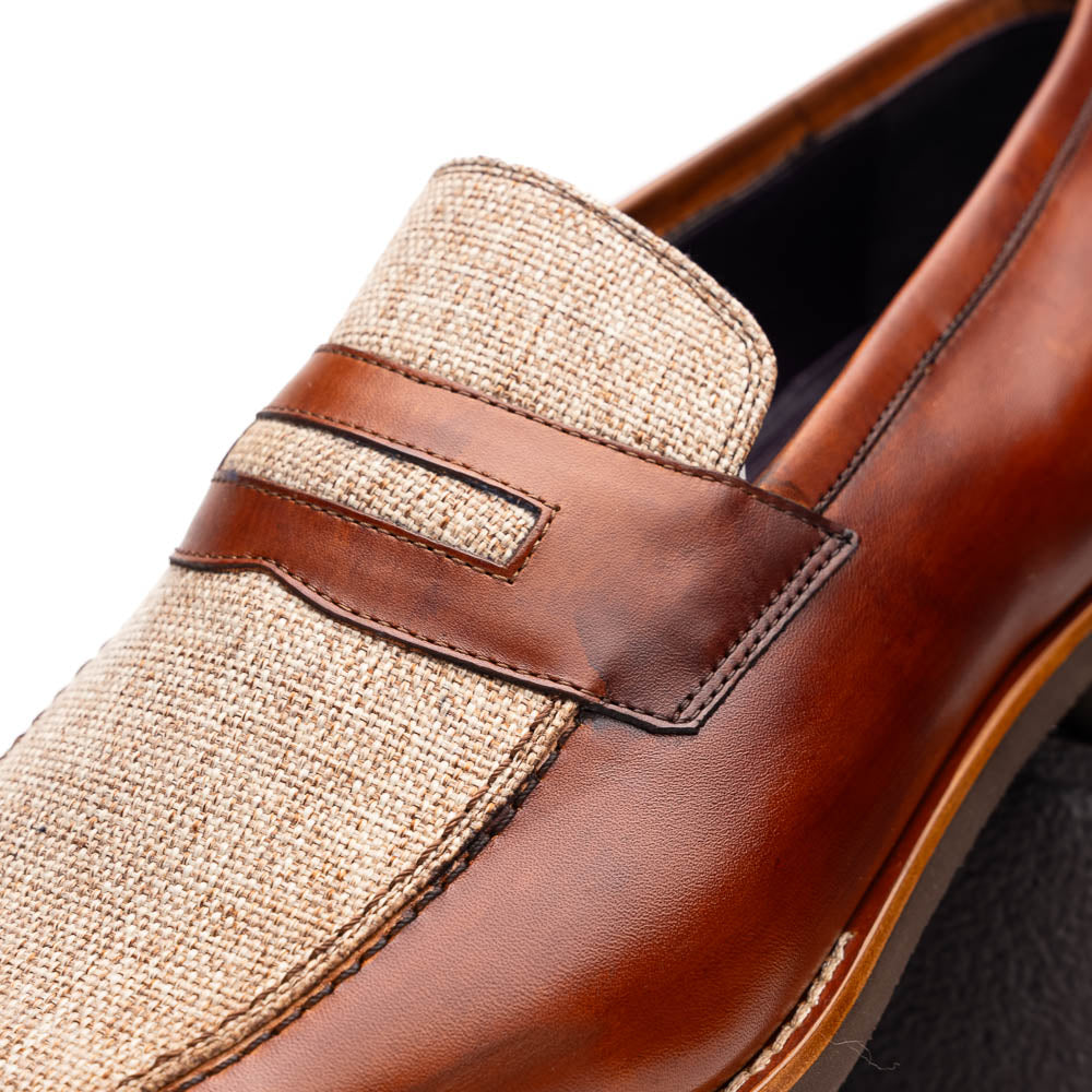 Zelli Lago Italian Calfskin & Linen Penny Loafers Cognac