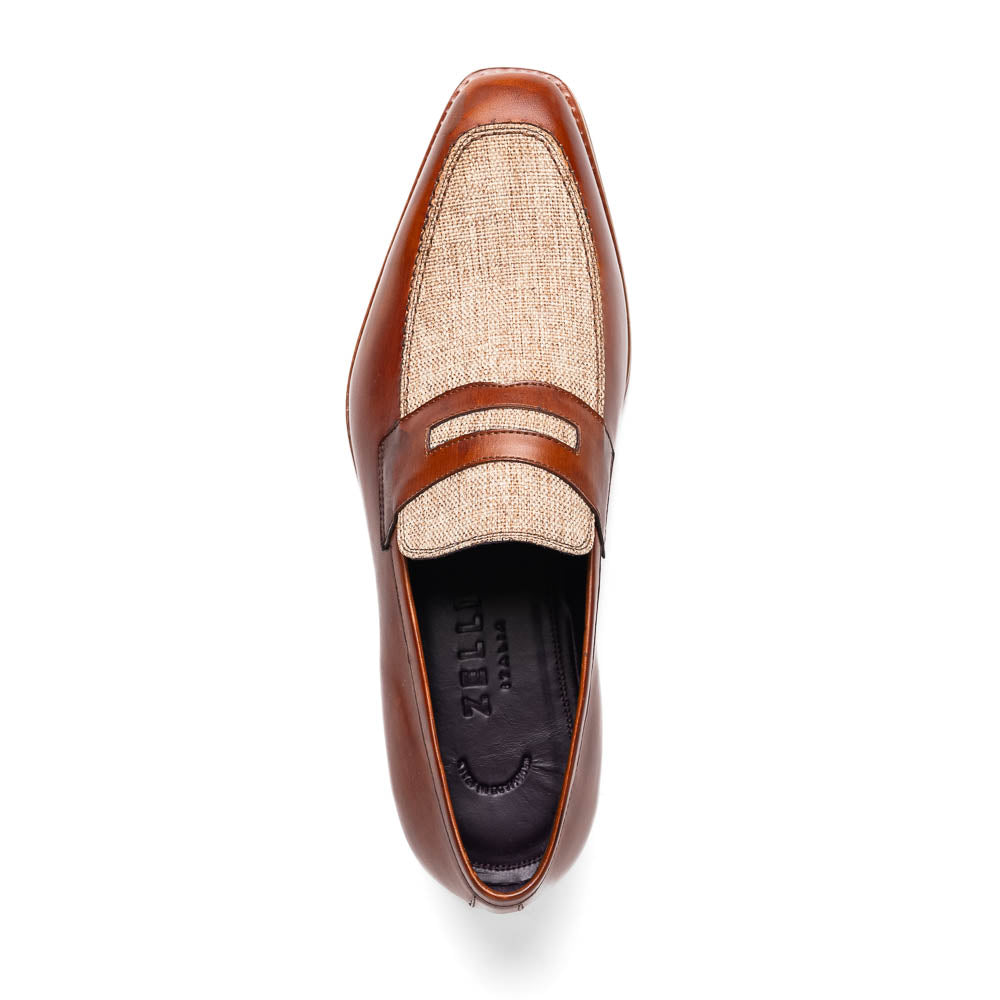 Zelli Lago Italian Calfskin & Linen Penny Loafers Cognac (15-733-CGN)