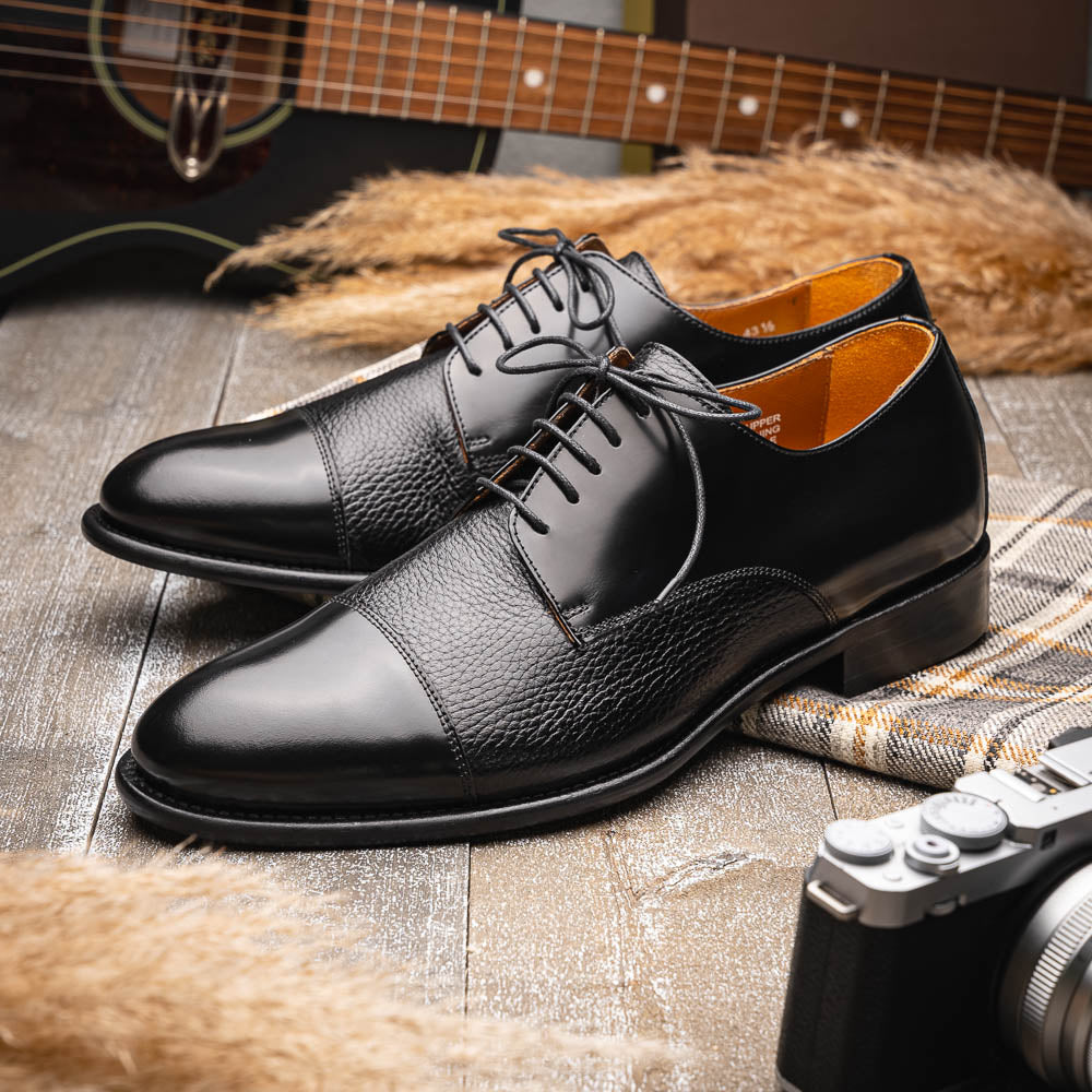 Calzoleria Toscana Lauro Cordovan & Deerskin Cap Toe Shoes Black
