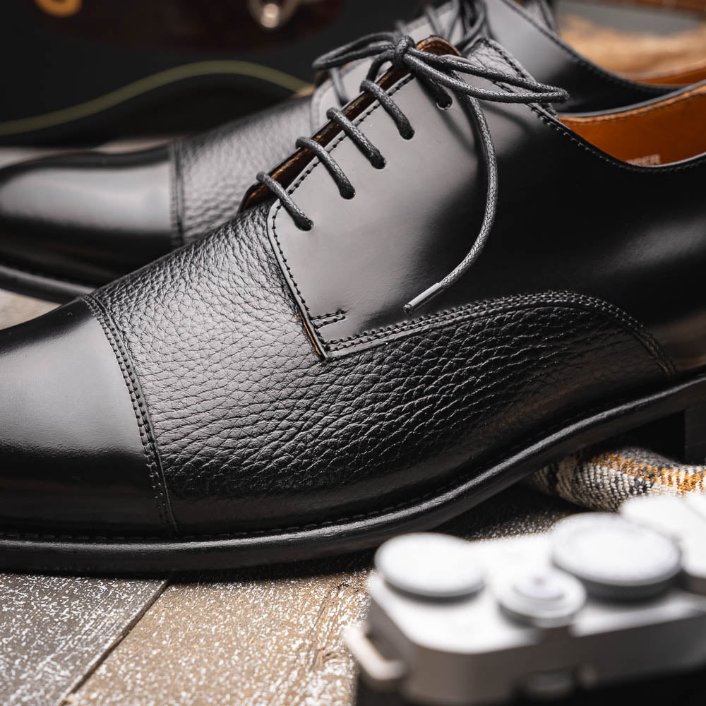 Calzoleria Toscana Lauro Cordovan & Deerskin Cap Toe Shoes Black