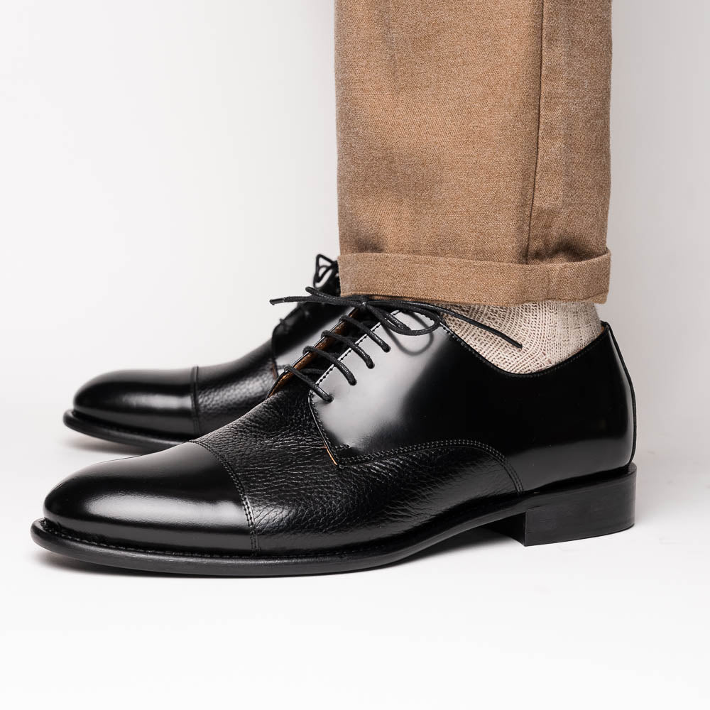 Calzoleria Toscana Lauro Cordovan & Deerskin Cap Toe Shoes Black