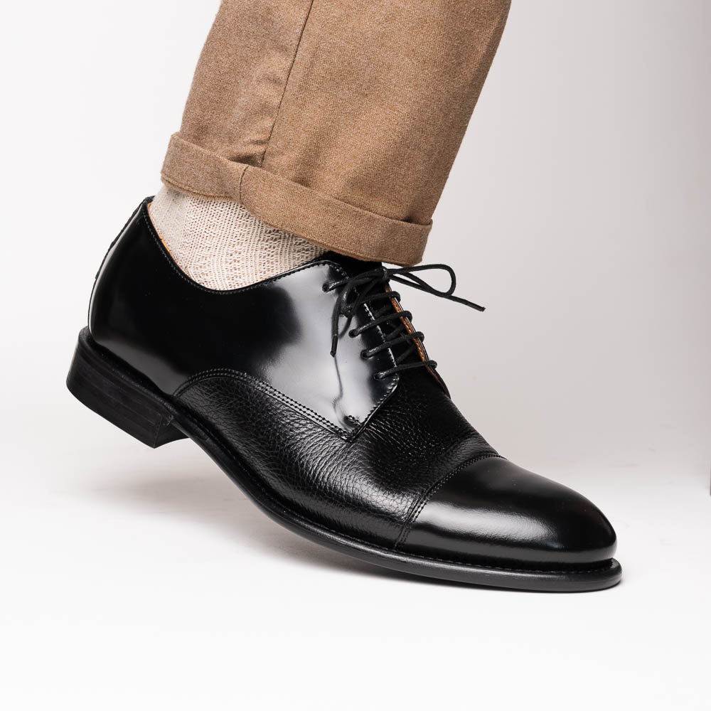 Calzoleria Toscana Lauro Cordovan & Deerskin Cap Toe Shoes Black