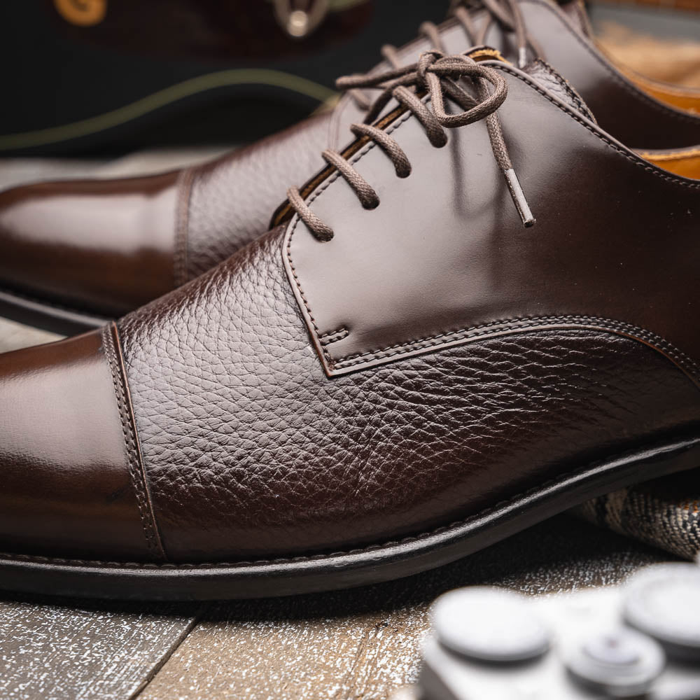 Calzoleria Toscana Lauro Cordovan & Deerskin Cap Toe Shoes Dark Brown