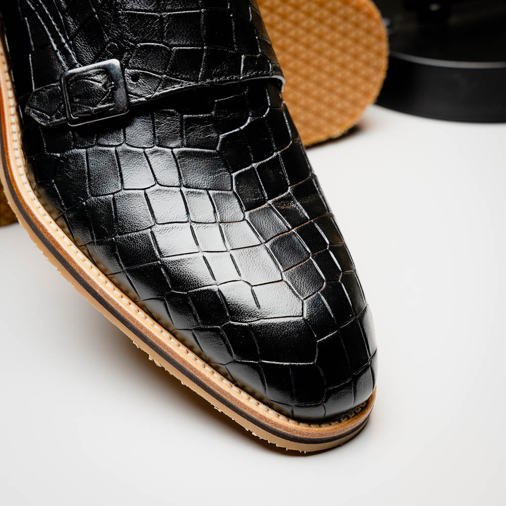 Zelli Legerra Hand Burnished Crocodile Print Monk Strap Black (55-112-BLK)