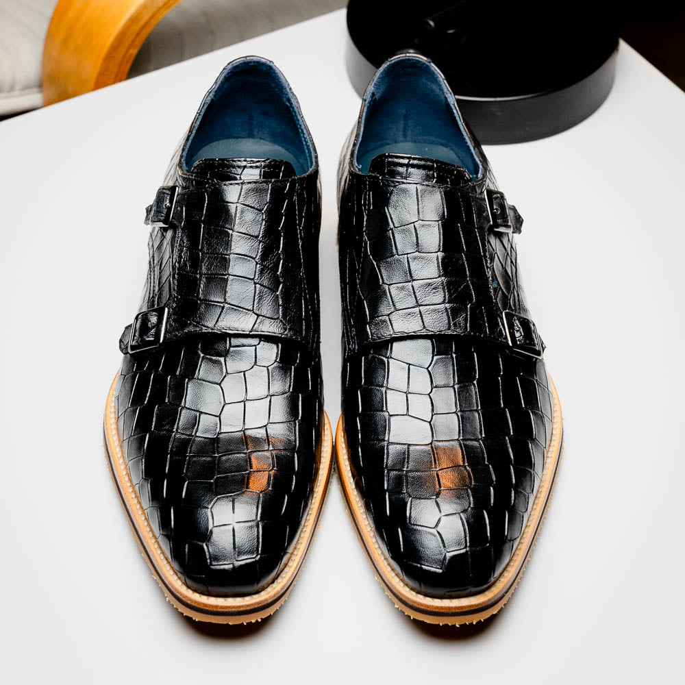 Zelli Leggera Hand Burnished Crocodile Print Monk Strap Black