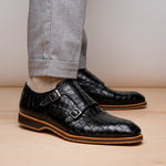 Zelli Legerra Hand Burnished Crocodile Print Monk Strap Black (55-112-BLK)