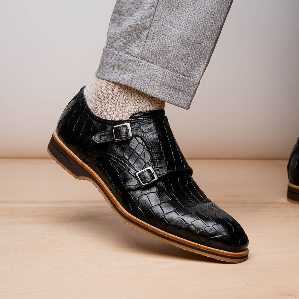 Zelli Legerra Hand Burnished Crocodile Print Monk Strap Black (55-112-BLK)