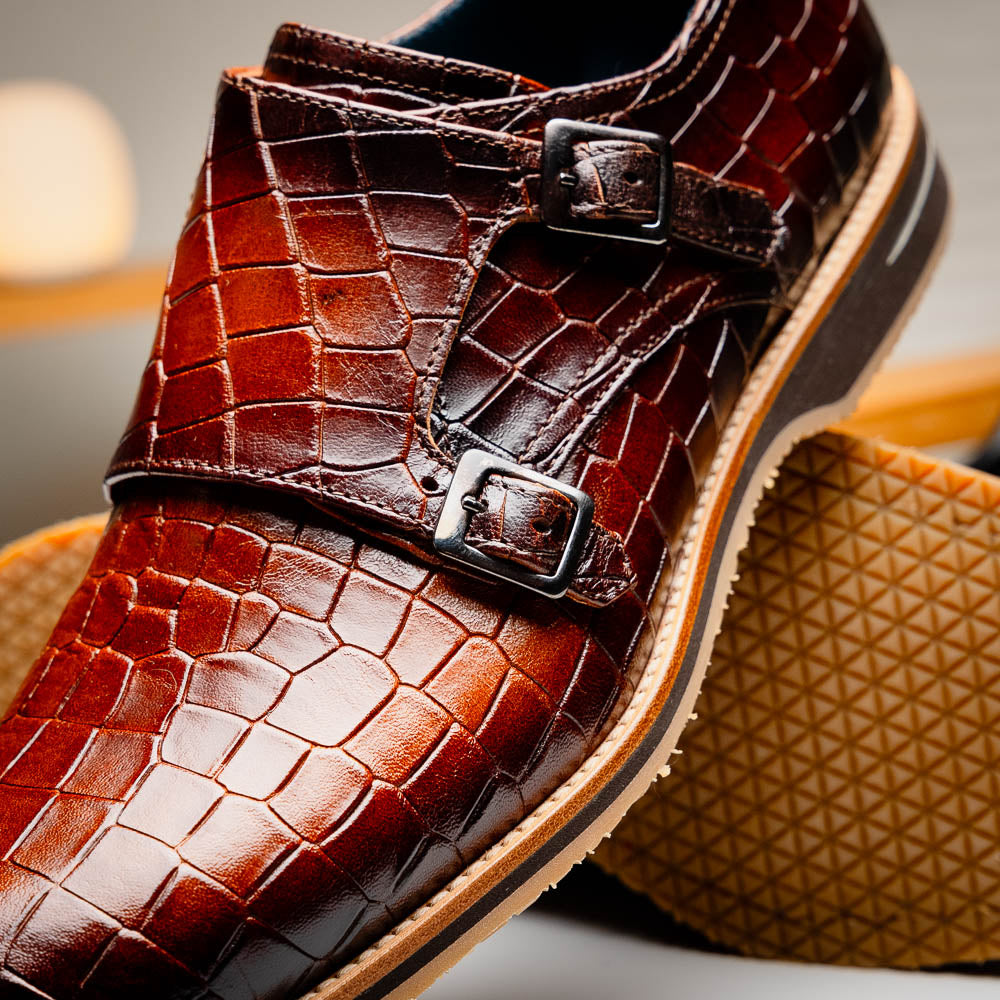 Zelli Leggera Hand Burnished Crocodile Print Monk Strap Cognac