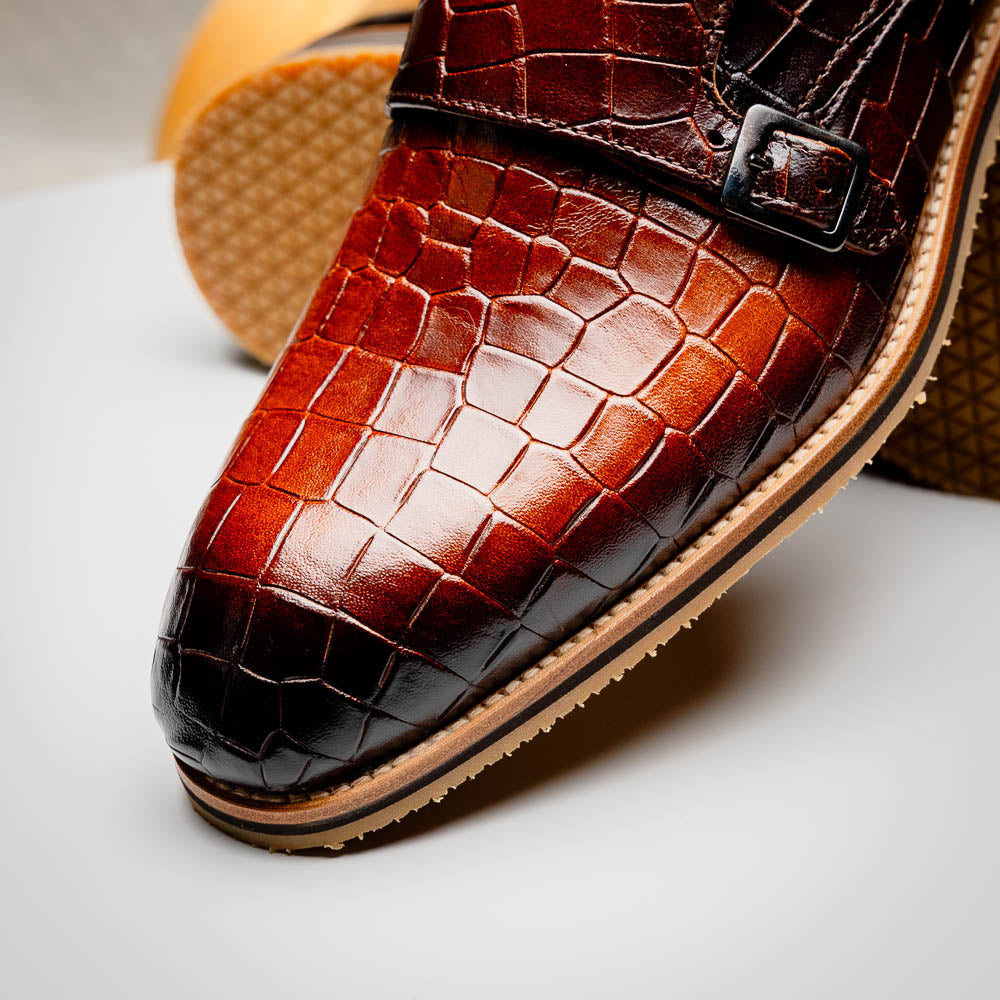 Zelli Leggera Hand Burnished Crocodile Print Monk Strap Cognac