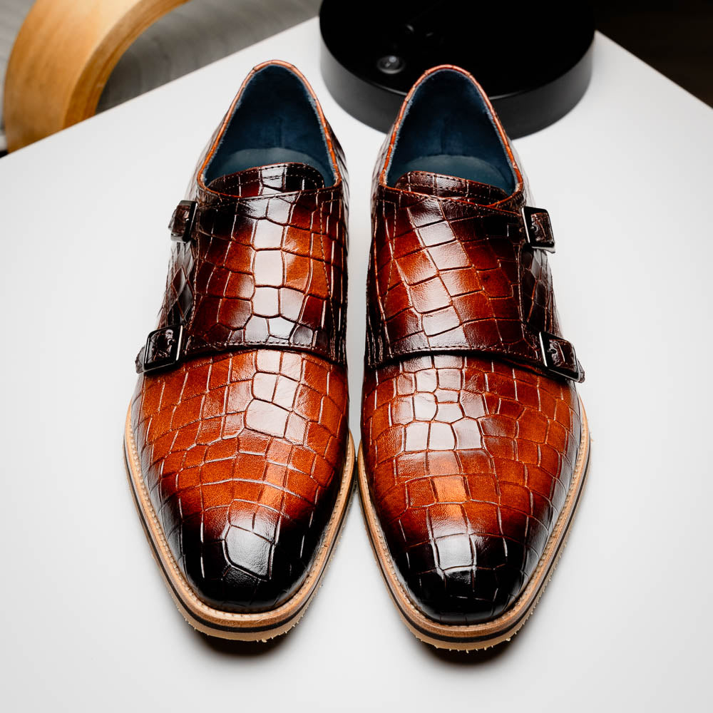 Zelli Legerra Hand Burnished Crocodile Print Monk Strap Cognac (55-112-CGN)