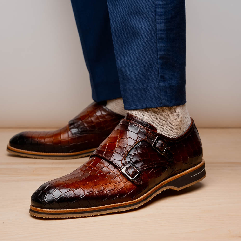 Zelli Legerra Hand Burnished Crocodile Print Monk Strap Cognac (55-112-CGN)