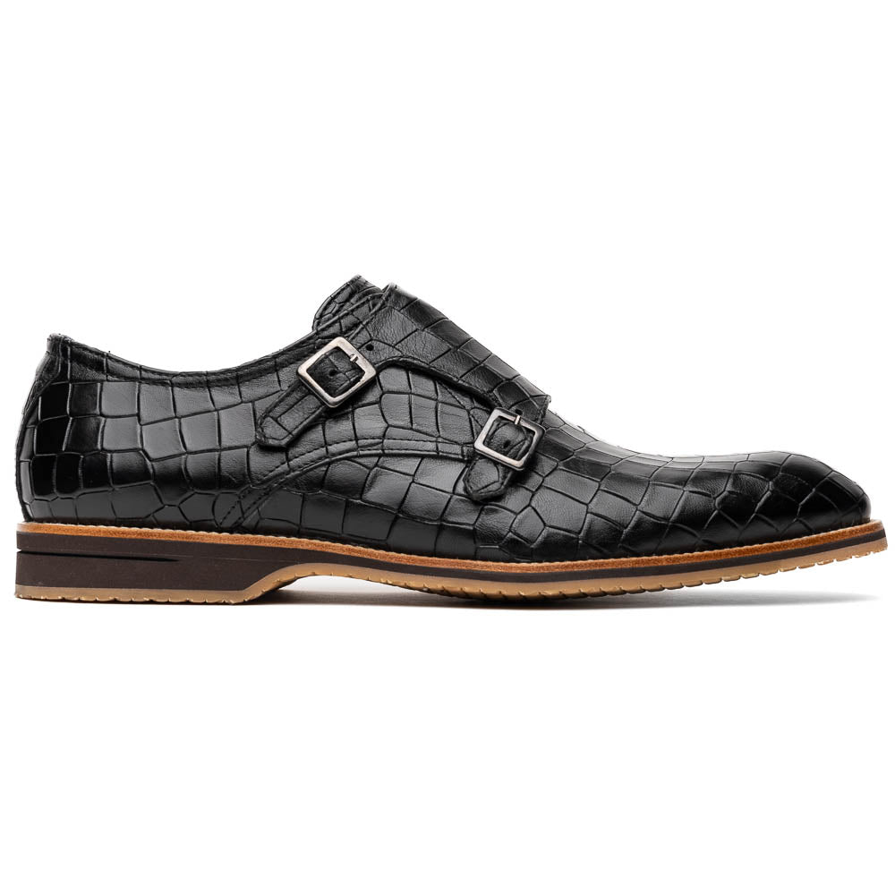 Zelli Leggera Hand Burnished Crocodile Print Monk Strap Black