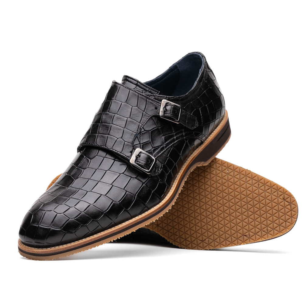Zelli Leggera Hand Burnished Crocodile Print Monk Strap Black