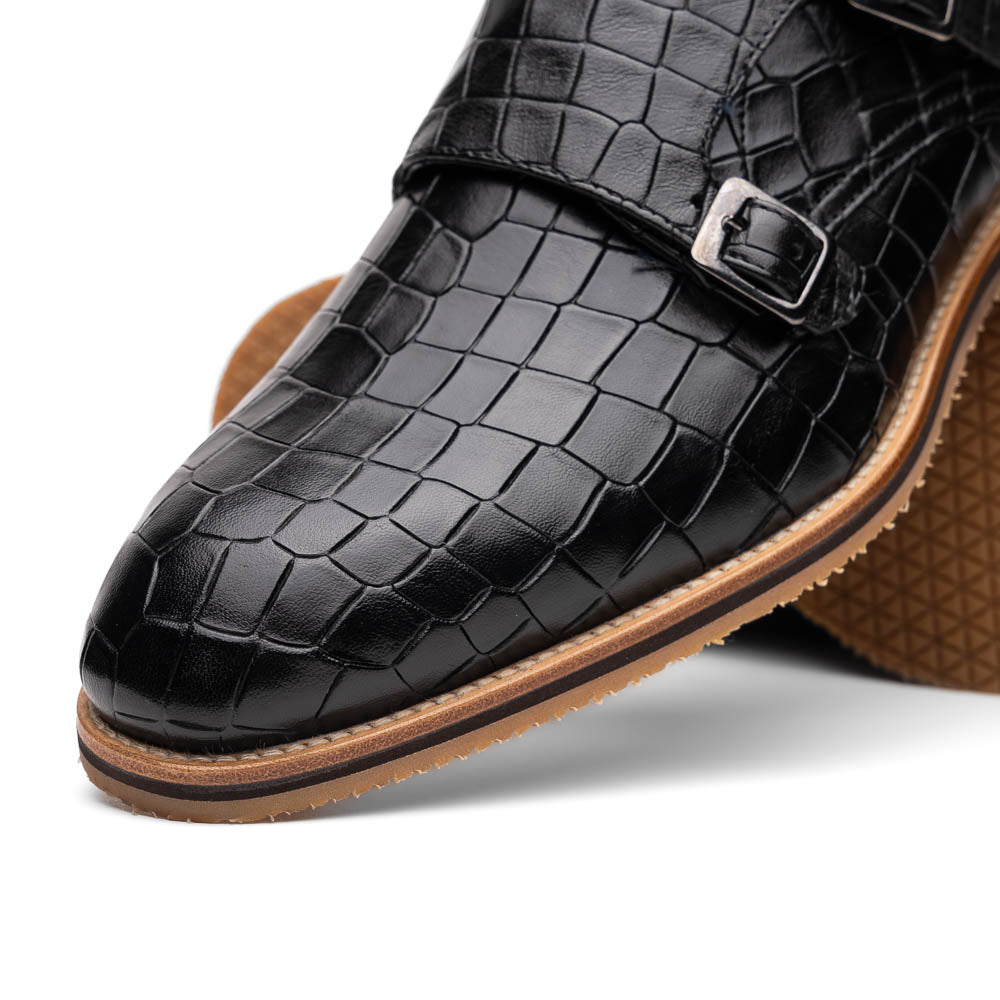 Zelli Leggera Hand Burnished Crocodile Print Monk Strap Black