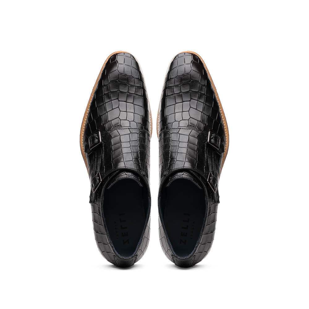 Zelli Legerra Hand Burnished Crocodile Print Monk Strap Black (55-112-BLK)