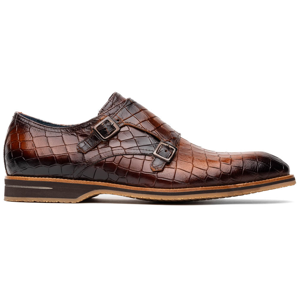 Zelli Leggera Hand Burnished Crocodile Print Monk Strap Cognac