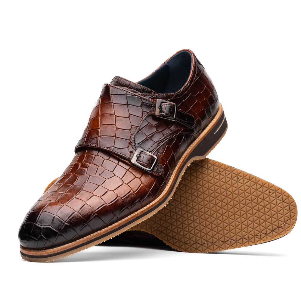 Zelli Leggera Hand Burnished Crocodile Print Monk Strap Cognac
