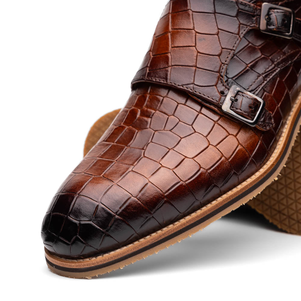 Zelli Legerra Hand Burnished Crocodile Print Monk Strap Cognac (55-112-CGN)