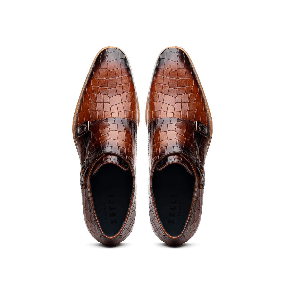 Zelli Legerra Hand Burnished Crocodile Print Monk Strap Cognac (55-112-CGN)