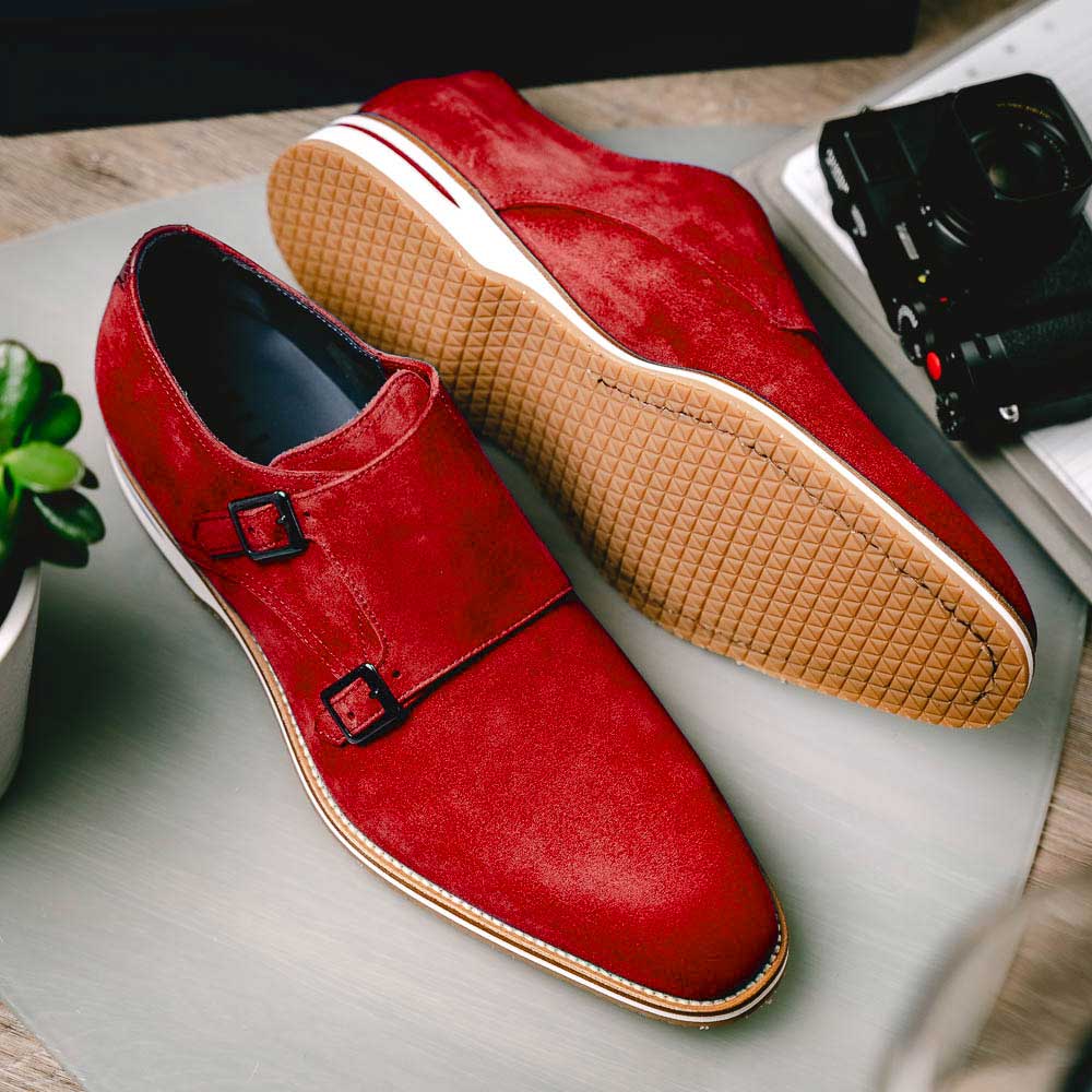 Zelli Legerra Suede Goatskin Double Monkstrap Shoes Red (56-100-RED)