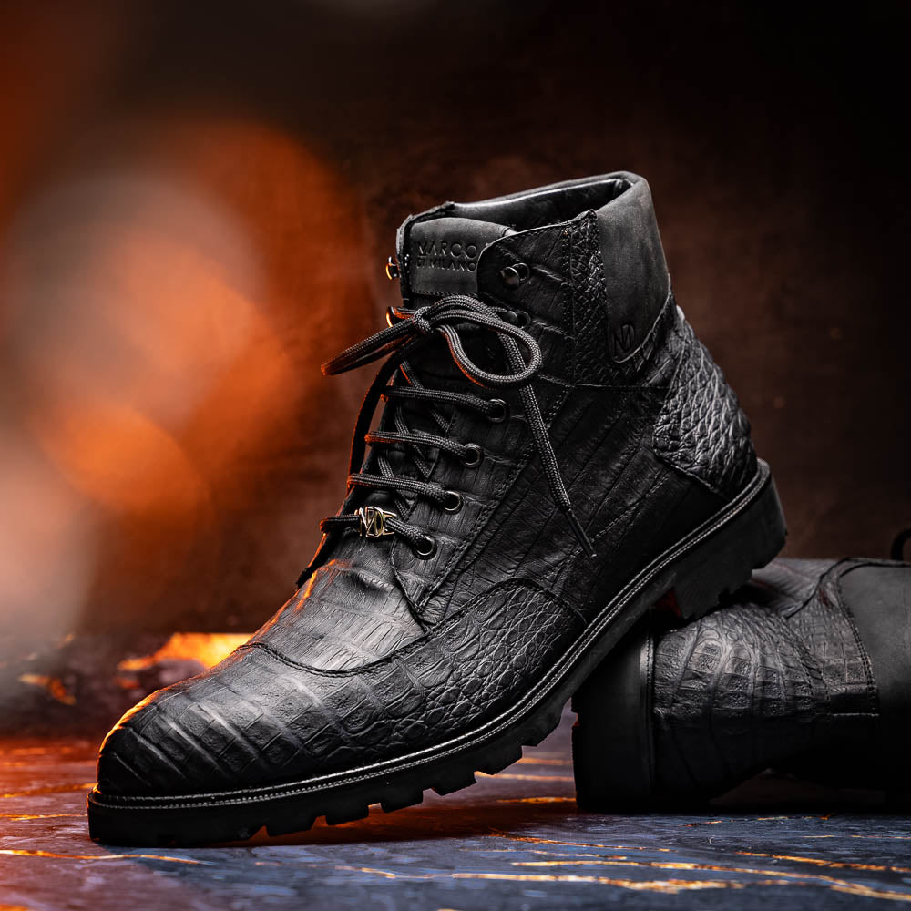 Marco Di Milano Leoni Caiman Crocodile Lace Up Boots Oil Black